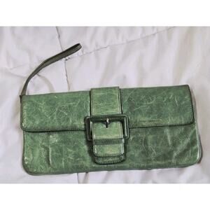 Vtg Hobo International Boho Clutch Green Wallet Wristlet Purse Leather Indie